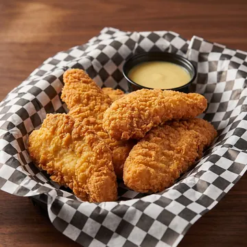 Hand-breaded chicken fingers in a basket with dipping sauce