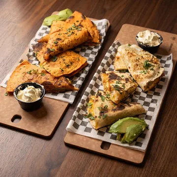 Two boards of quesadilla wedges with sour cream