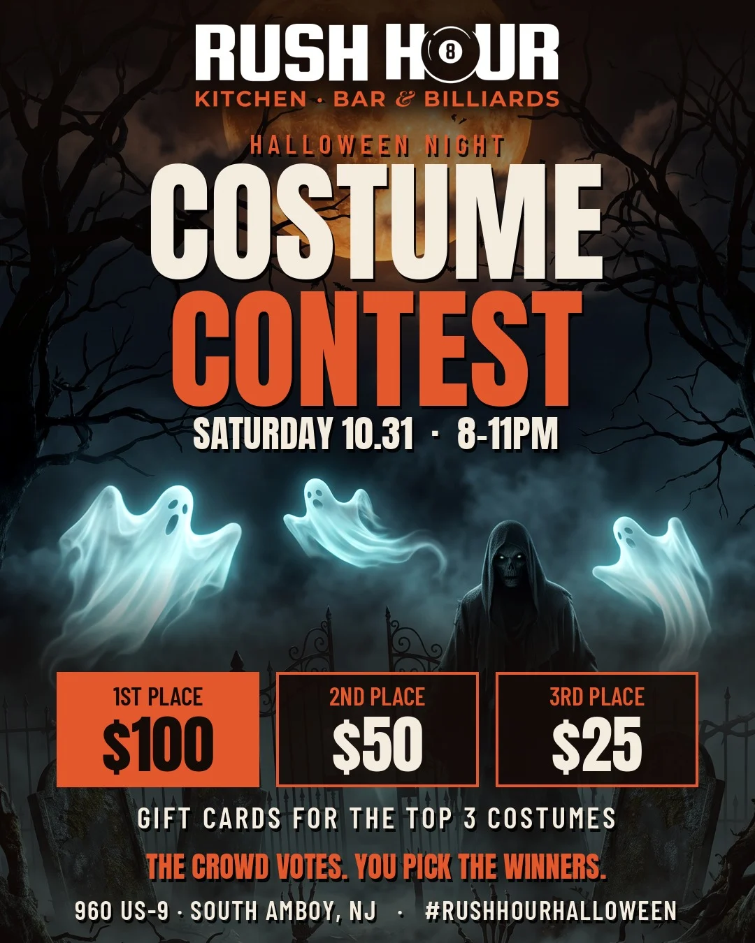 Rush Hour Halloween costume contest poster: Saturday 10.31, 8–11PM, $100, $50 and $25 gift cards