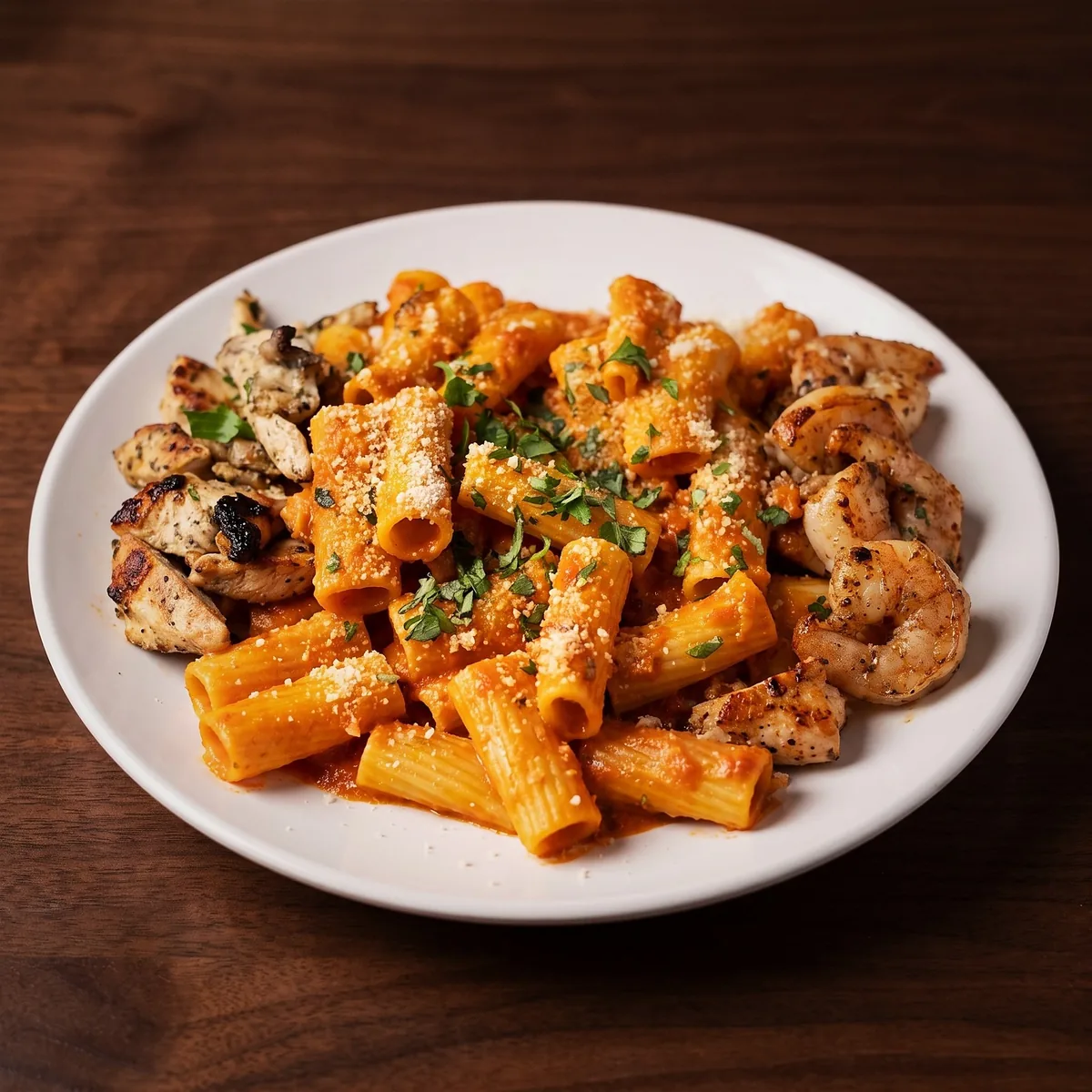 Rigatoni vodka with chicken and shrimp